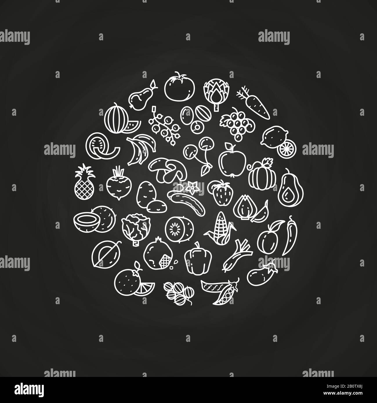 Logo fruits et légumes sur tableau de surveillance. Esquisse de dessin Doodle, illustration vectorielle Illustration de Vecteur