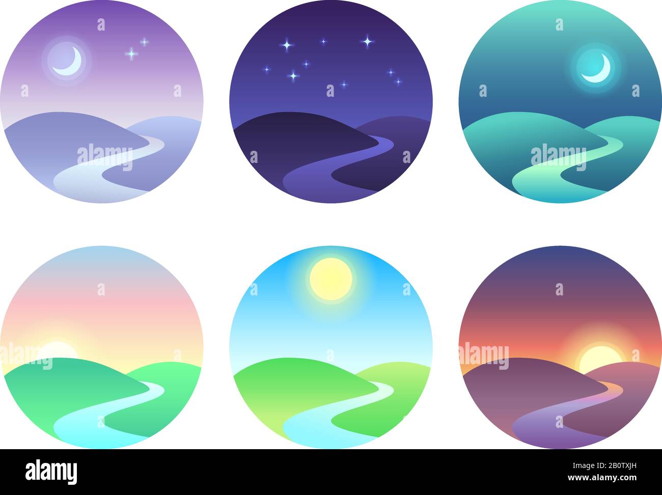 Beau paysage moderne avec des gradients. Icône lever de soleil, aube, matin, jour, midi, coucher de soleil, crépuscule et nuit. Jeux d'icônes de vecteur de temps Sun Illustration de Vecteur