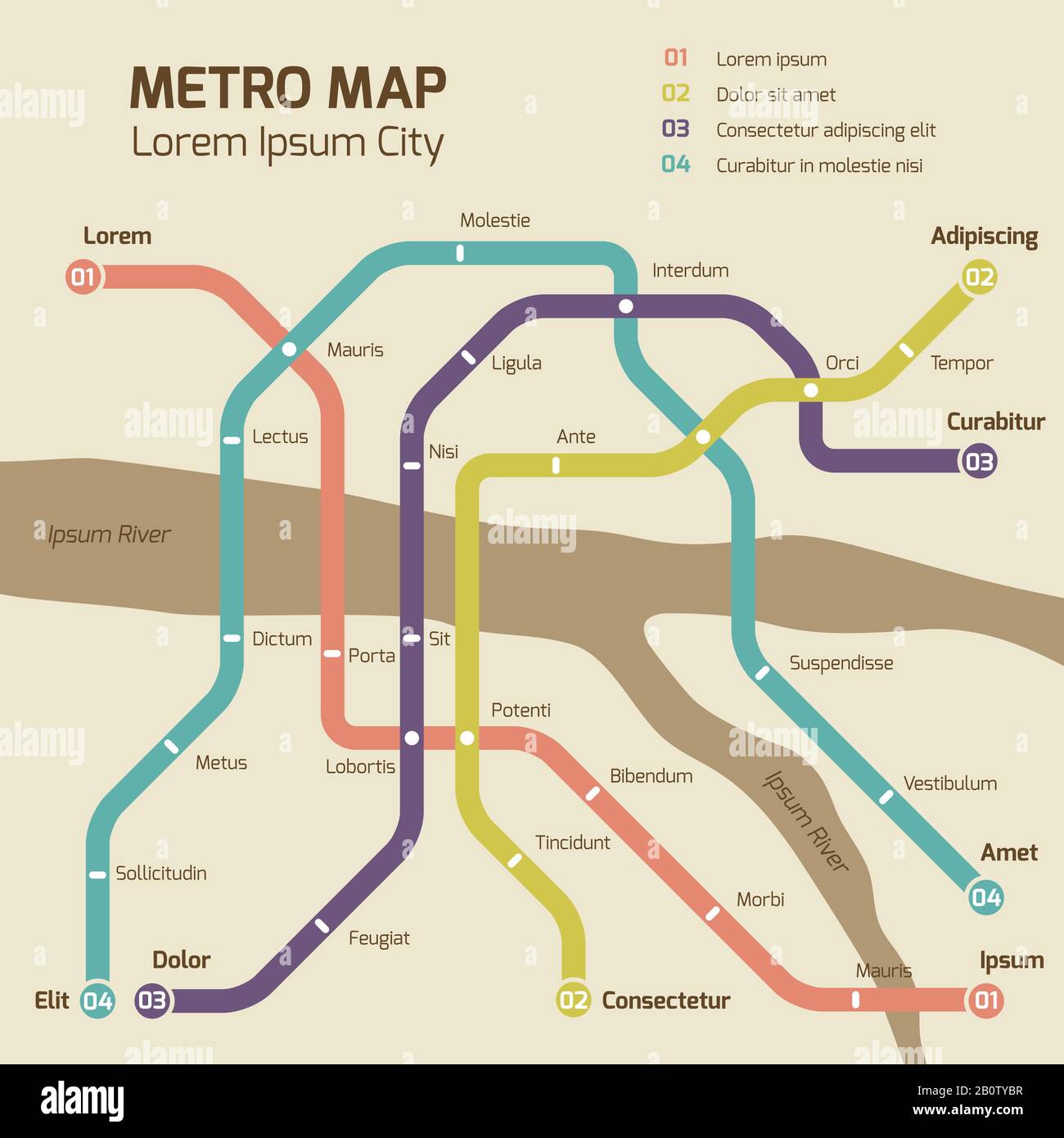 Couleurs vintage métro map Vector concept. Illustration de la carte ferroviaire plate Illustration de Vecteur