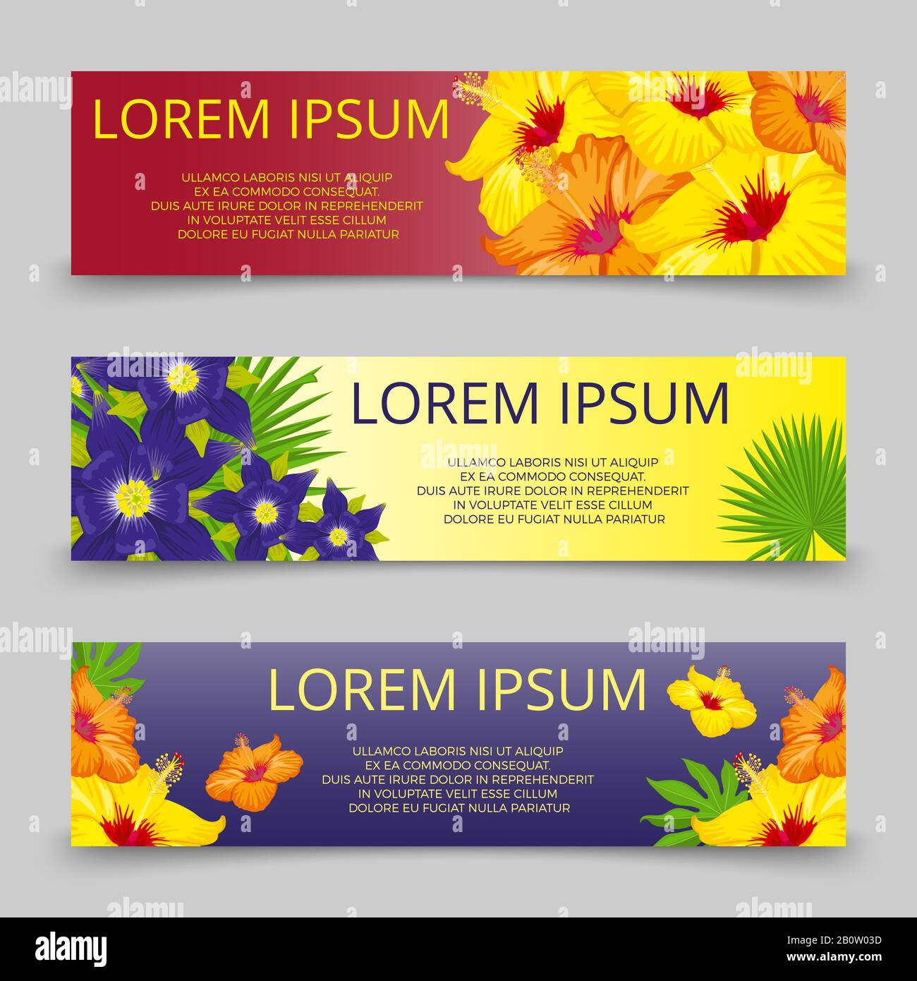 Feuilles tropicales et fleurs bannières modèle. Affiche avec fleurs tropicales. Illustration vectorielle Illustration de Vecteur Feuilles tropicales et fleurs bannières modèle. Affiche avec fleurs tropicales. Illustration vectorielle Illustration de Vecteur