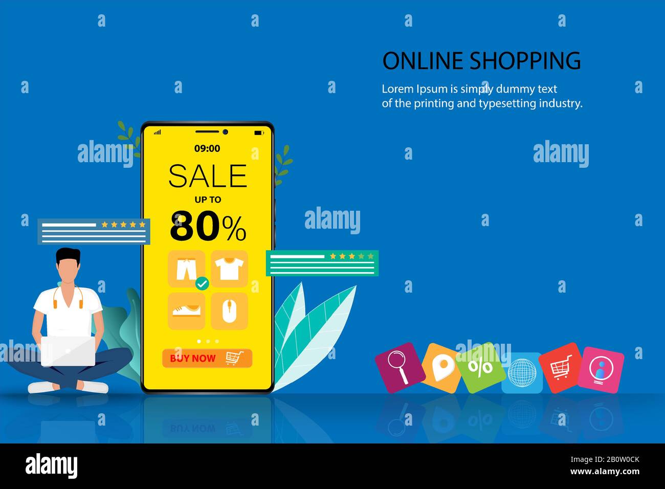 Concept d'affaires des achats en ligne, un homme recherche sur son ordinateur portable pour trouver un nouveau pantalon et s'asseoir près d'un grand smartphone qui contient 80% de réduction. Illustration de Vecteur