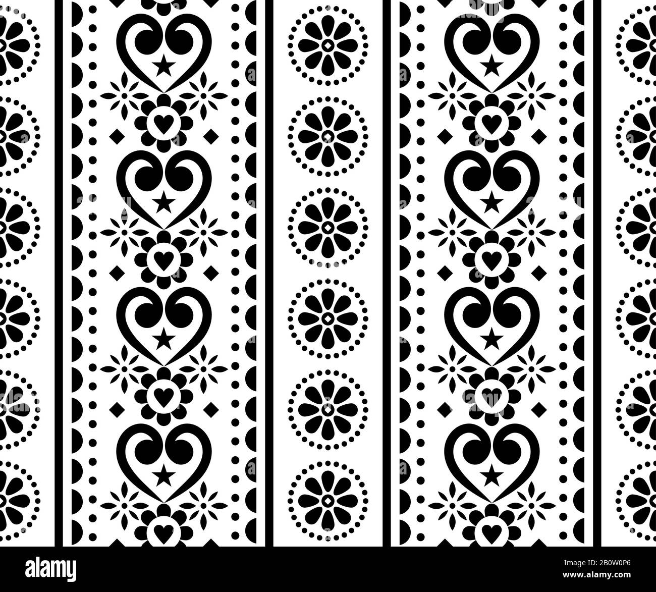 L'amour populaire, le vecteur de Saint-Valentin monochrome sans couture modèle vertical - style scandinave traditionnel brodé avec fleurs et coeurs Illustration de Vecteur