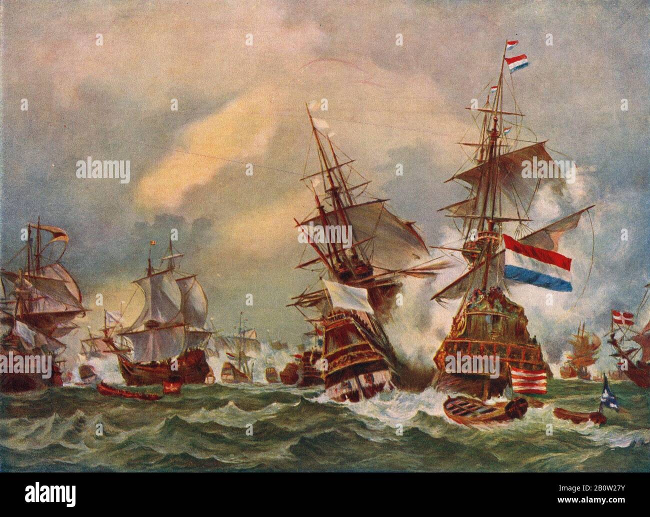 Une reprodution de la peinture d'Eugène Isabey, publiée vers 1915 de la bataille de Texel le 29 juin 1694 pendant la guerre De Neuf Ans entre Jean Bart, commandant naval français et corsaire, et une flotte néerlandaise commandée par Hidde Sjoerds de Vries. Banque D'Images