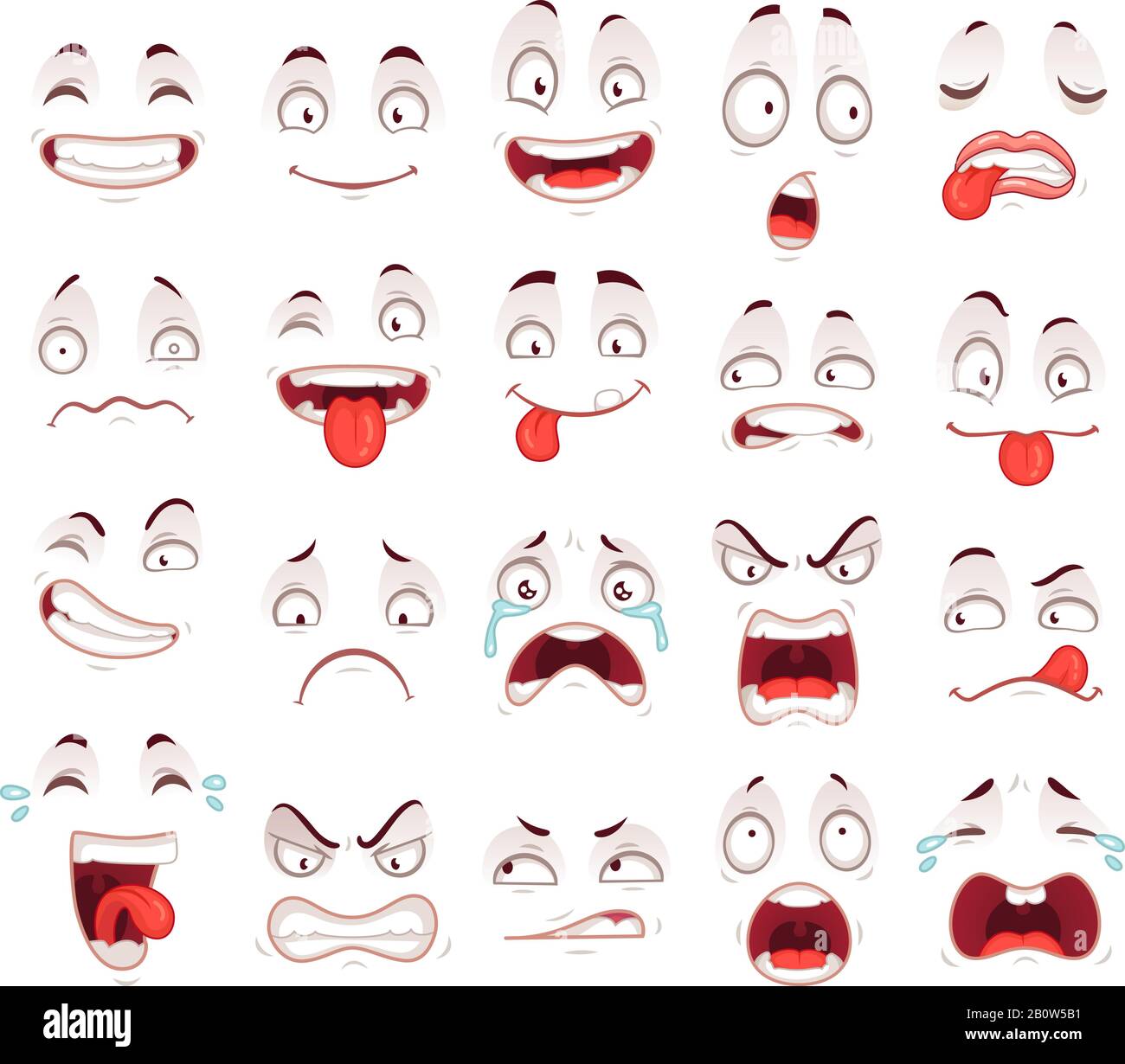 Visage Peur Dessin Faces de dessin animé. Heureux sourire excité riant malheureux triste cri et des expressions de visage peur. Jeu de vecteurs de caricatures expressives Image Vectorielle Stock - Alamy