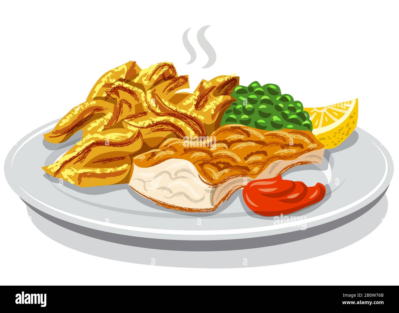 Illustration of battered fish and chips avec du citron et de la sauce sur la plaque Illustration de Vecteur