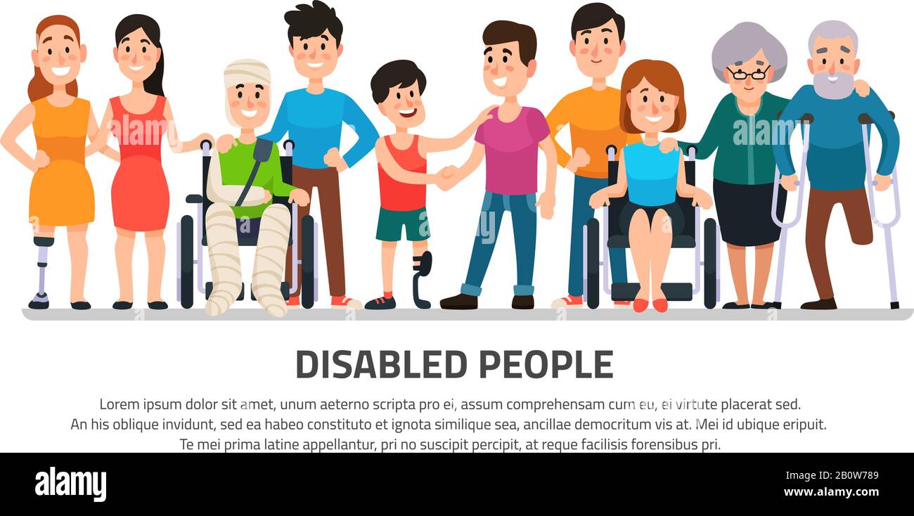 Aider la personne désactivée. Des personnes handicapées heureuses, des jeunes étudiants en fauteuil roulant, un garçon handicapé avec un groupe d'amis illustration vectorielle Illustration de Vecteur