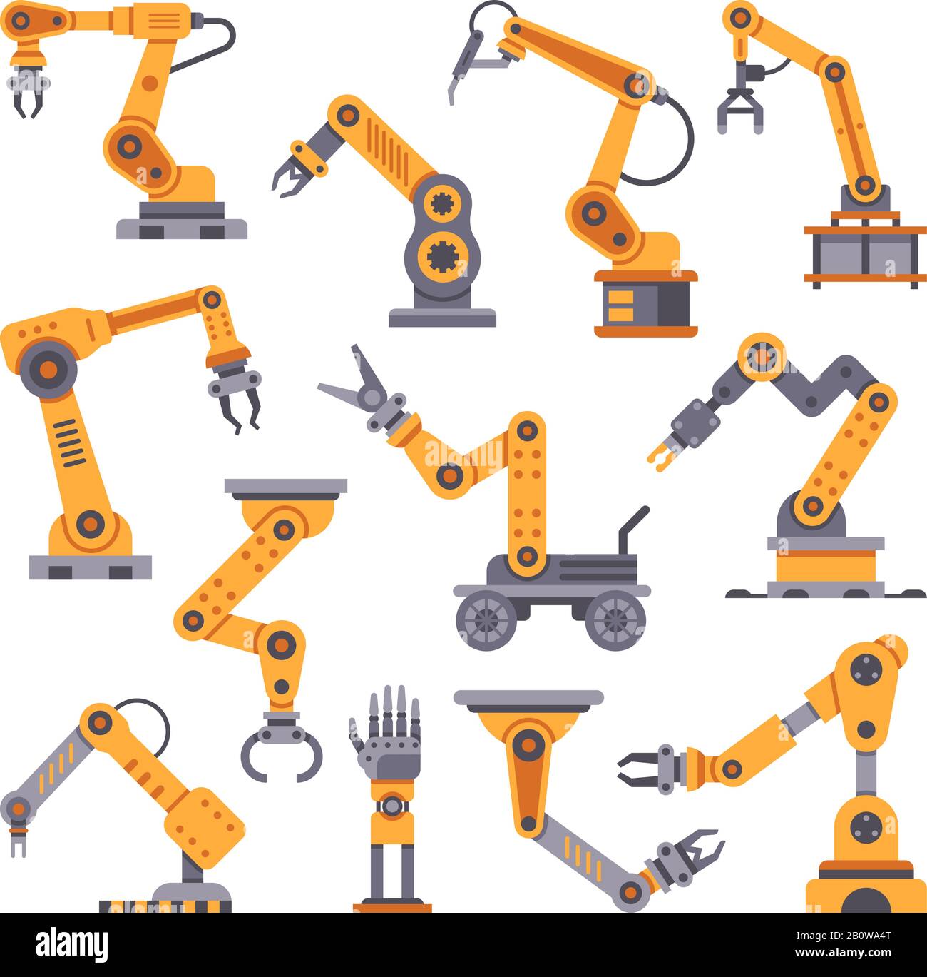 Jeu de bras robotisés. Technologie d'automatisation de la fabrication. Machine à bras de robot industriel. Robots d'assemblage d'usine ensemble vectoriel de conception plate Illustration de Vecteur