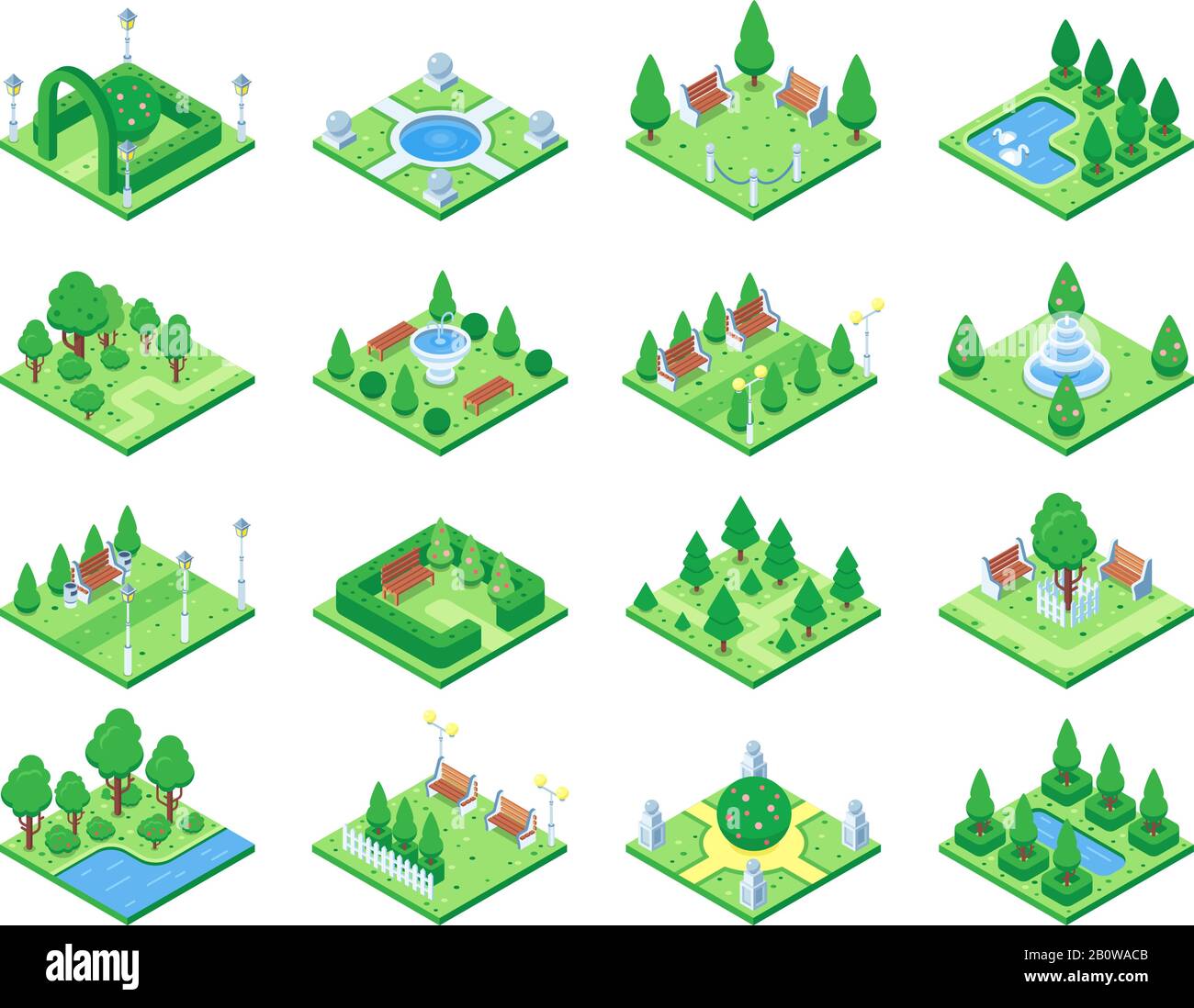 Éléments de la forêt naturelle, symbole des plantes et arbres verts pour la carte des jeux isométriques de la ville. Les icônes vectorielles de l'arbre de parcage isolé sont définies Illustration de Vecteur