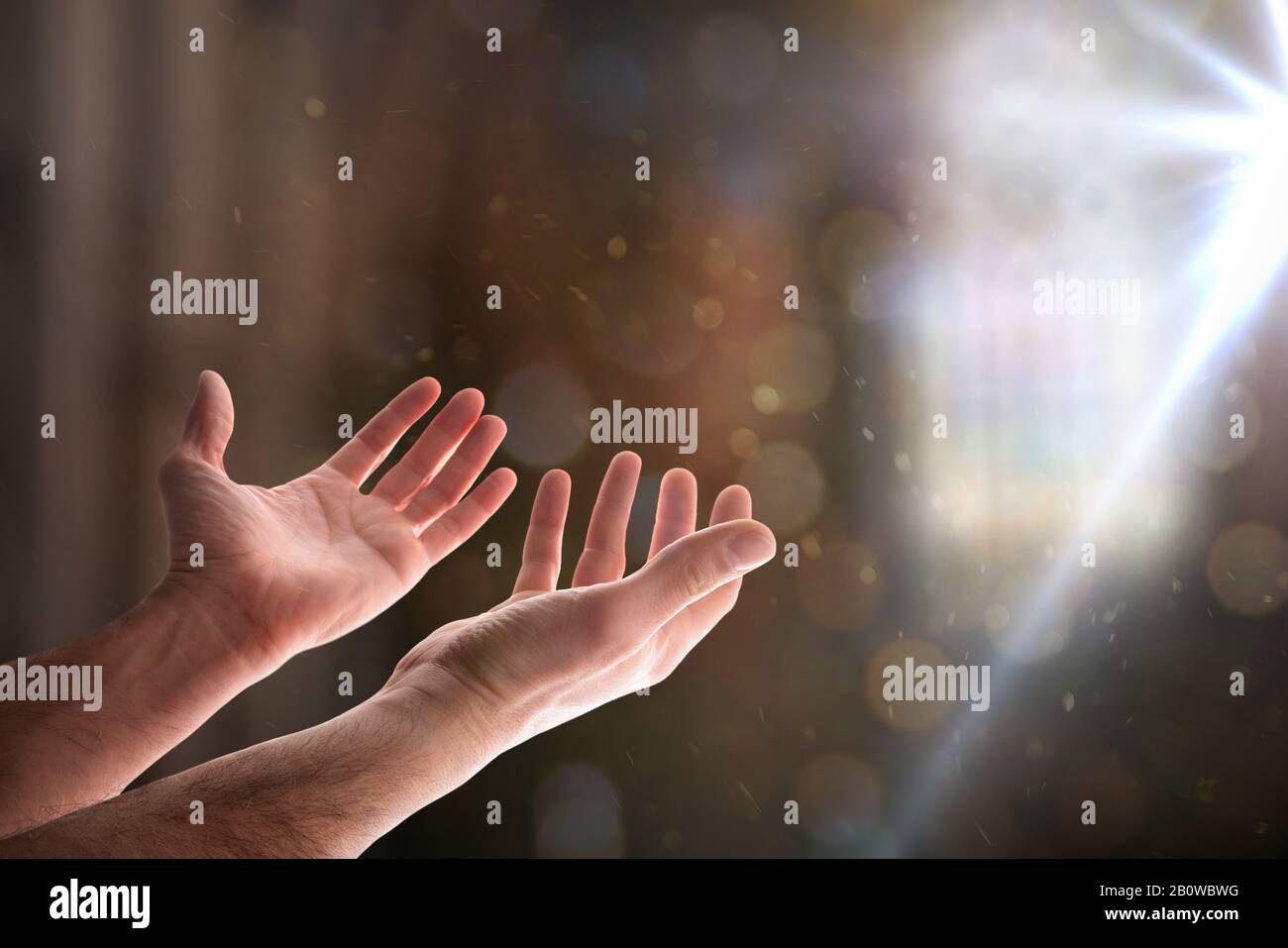 Mains aux palmiers dans une église avec des étincelles et des rayons de lumière. Composition horizontale Banque D'Images