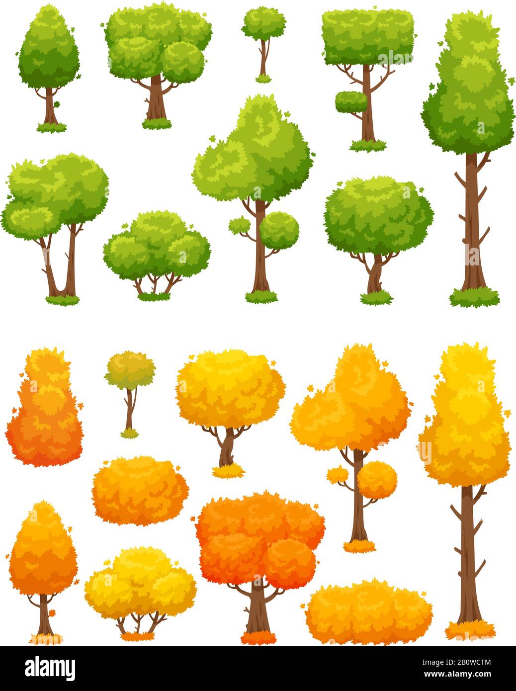 Arbre de dessin animé. Plantes et buissons en bois mignons. Les arbres d'automne verts et jaunes sont des éléments de paysage vectoriels Illustration de Vecteur