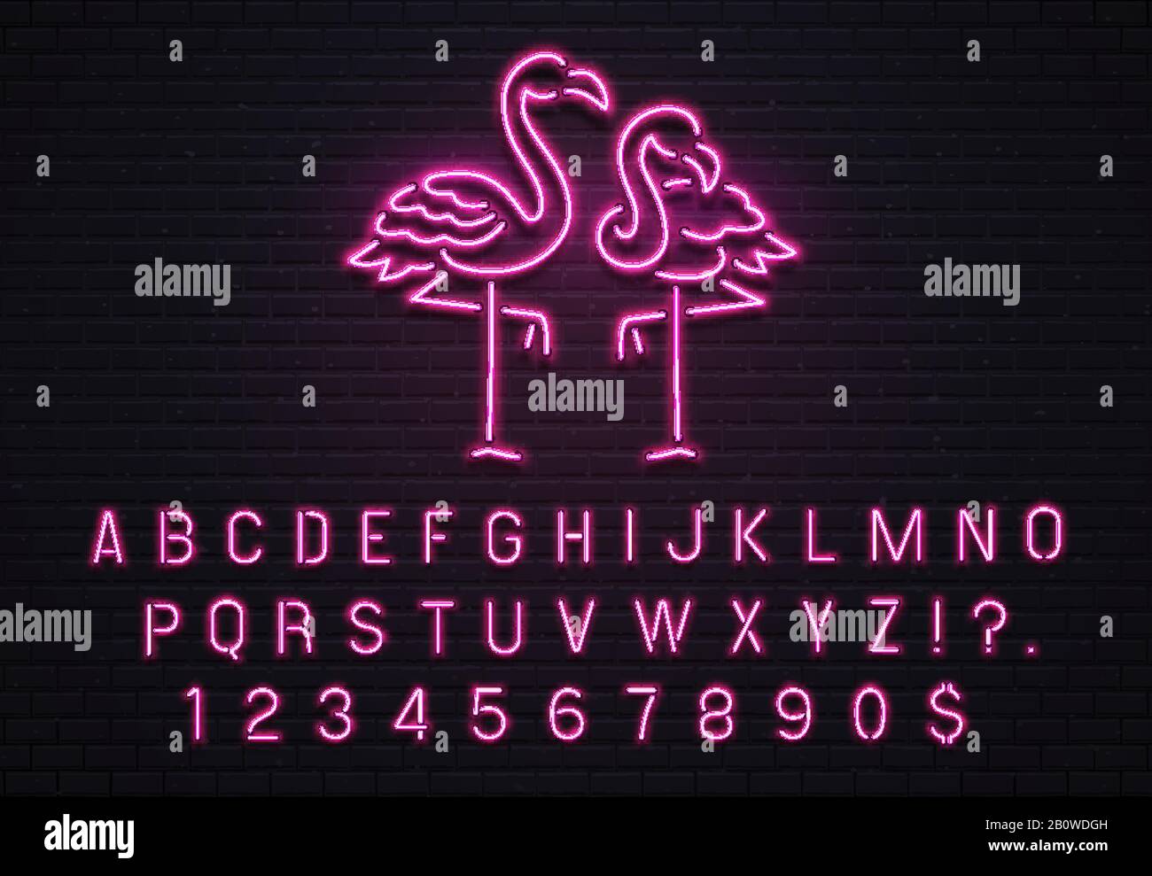 Panneau au néon Flamingo. Police rose des années 80. Panneaux de barres de préchauffage électriques à flamants tropicaux avec lettres d'ampoule violette illustration vectorielle Illustration de Vecteur