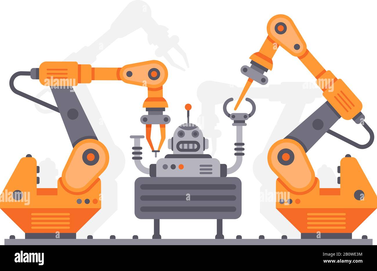 Usine de robots automatiques plats. Assemblage électronique de l'illustration vectorielle du robot ou du robot Illustration de Vecteur