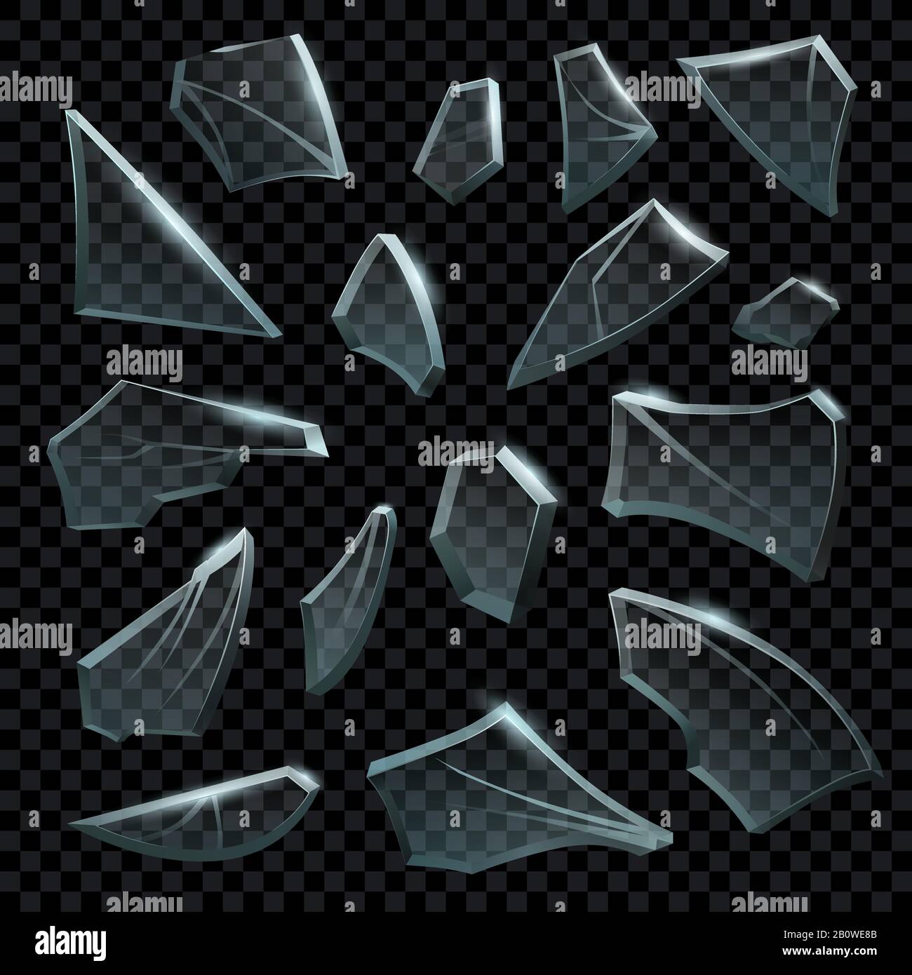 Verre brisé réaliste. Morceaux transparents cassés de glassful fissuré. Effacer les formes des splinters et les fragments brisés ensemble de vecteurs Illustration de Vecteur