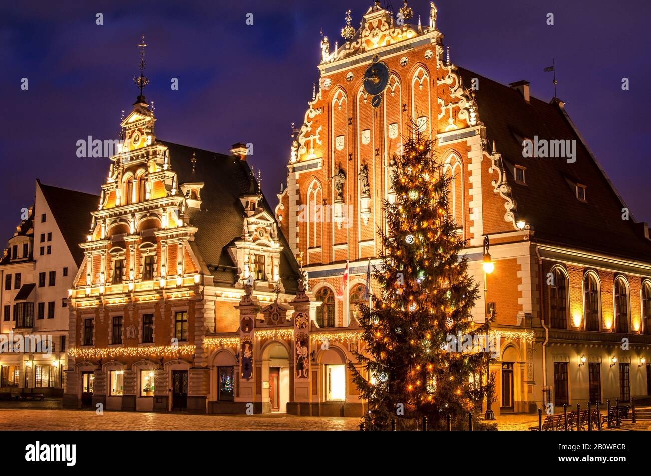 Carte postale de Noël de Riga. Maison des Blackheads avec arbre de Noël la nuit, vieille ville Riga, Lettonie Banque D'Images