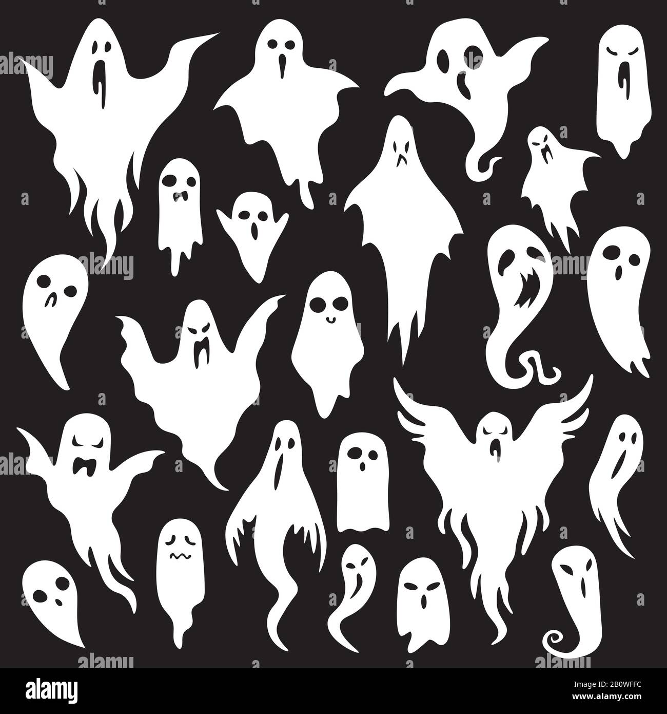 Halloween fantômes. Monstre fantomatique avec visage effrayant de Boo. Jeu d'icônes vectorielles plates fantômes effroi Illustration de Vecteur