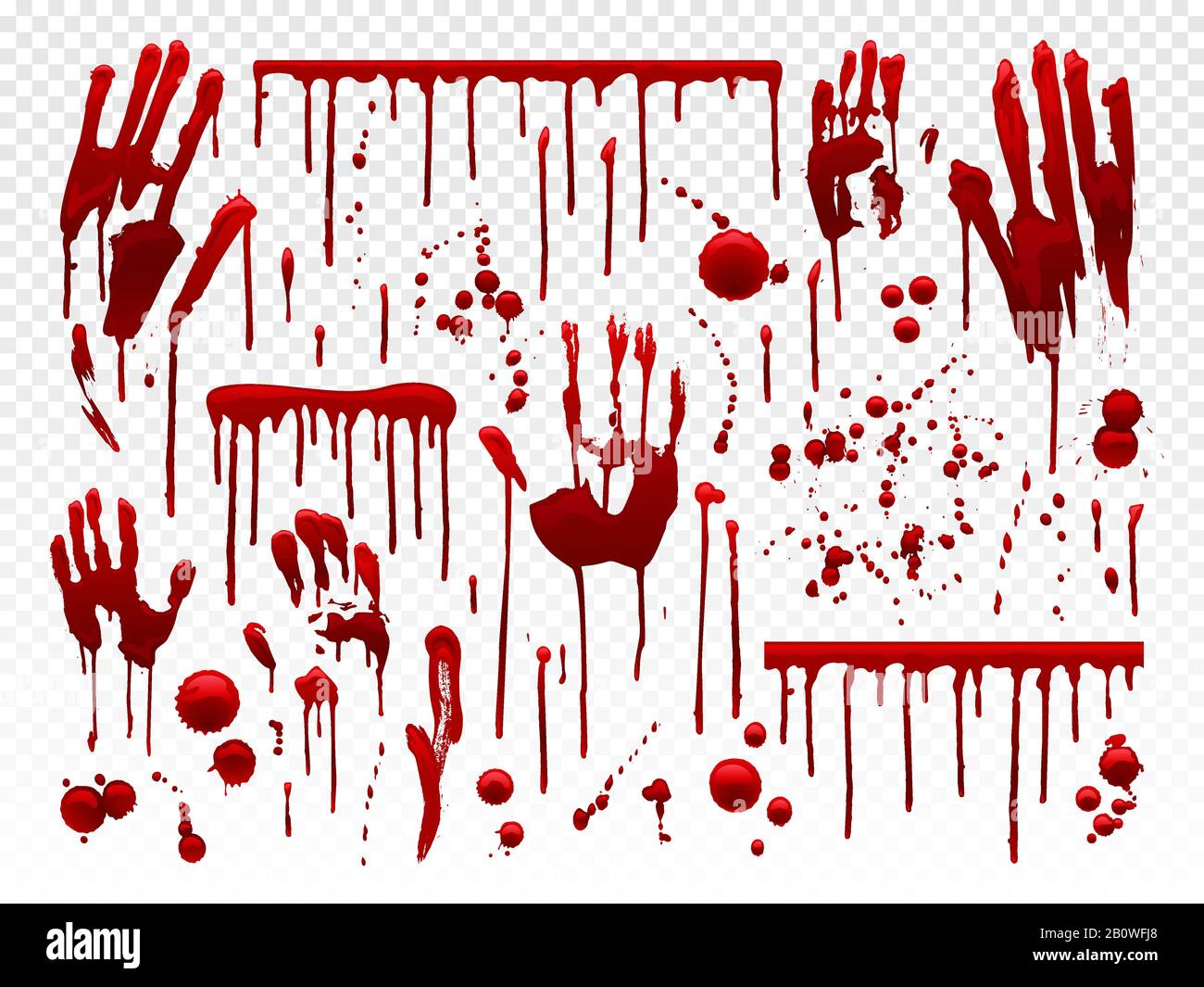 Goutte de sang. Taches de peinture rouge, taches sanglantes halHalloween et traces de sang de saignement de la main. Dripping bloods horreur texture vecteur set Illustration de Vecteur