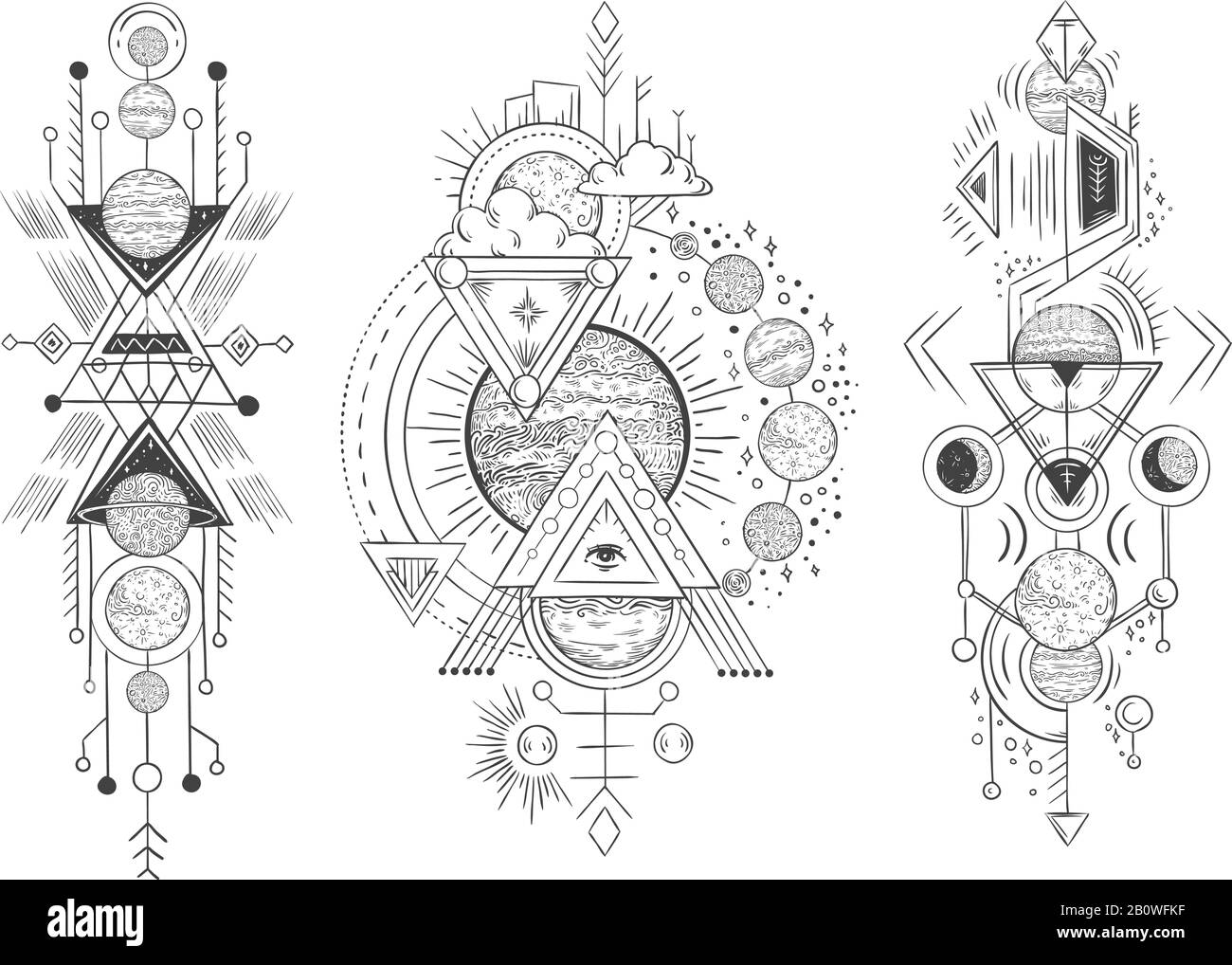 Esquisse de planète du système solaire. Défilé de planètes, phases de lune et astrologie dessinée à la main. Illustration vectorielle tatouage astrologique Illustration de Vecteur