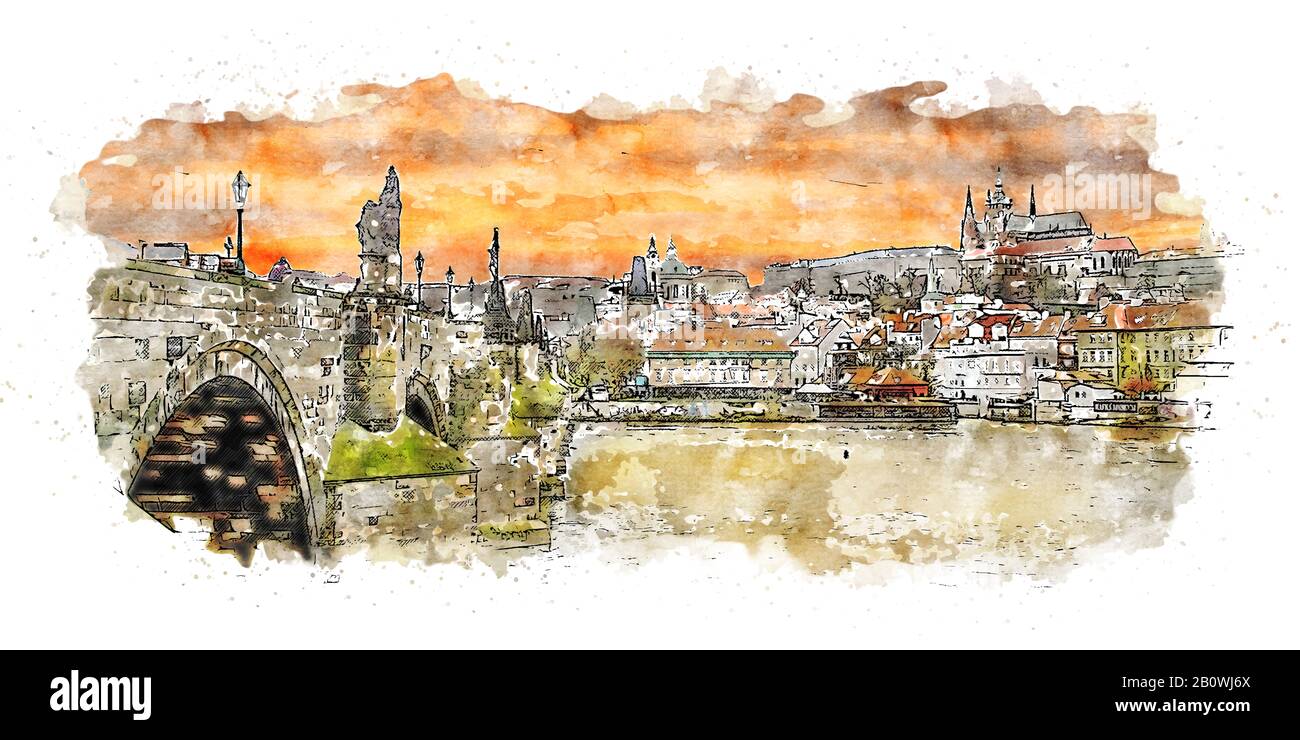 Prague, capitale de la République tchèque, est traversée par la Vltava. Surnommé « la ville d'une centaine de tours » Banque D'Images