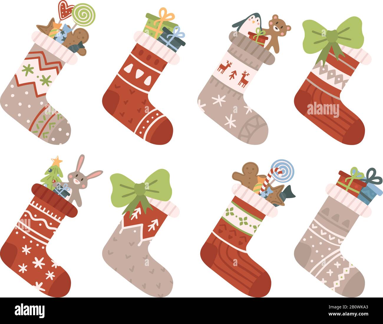 Chaussettes de Noël. Chaussette ou chaussette de Noël avec flocons de neige, bonhomme de neige et Père Noël. Les aides de Deer et Santas s'elent sur le jeu de vecteurs de bas Illustration de Vecteur