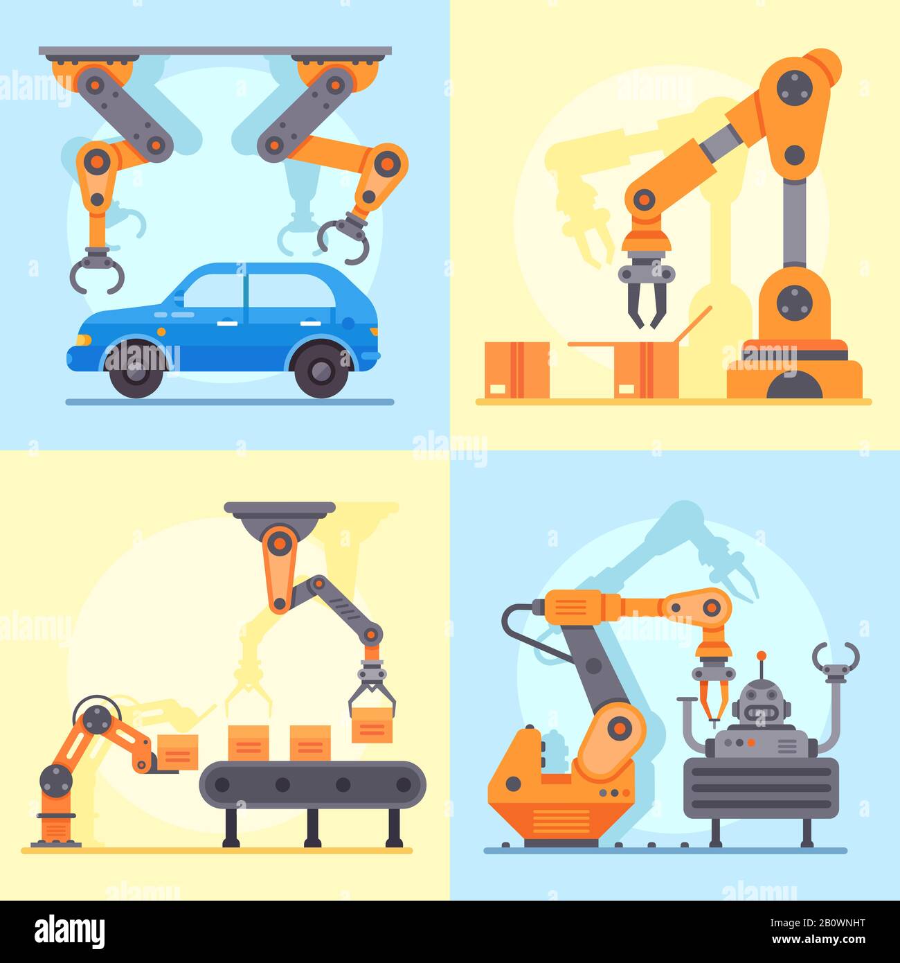 Convoyeur d'usine industriel plat. Bras mécanique pour la gestion de la fabrication d'automatisation, illustration vectorielle des bras robotiques Illustration de Vecteur