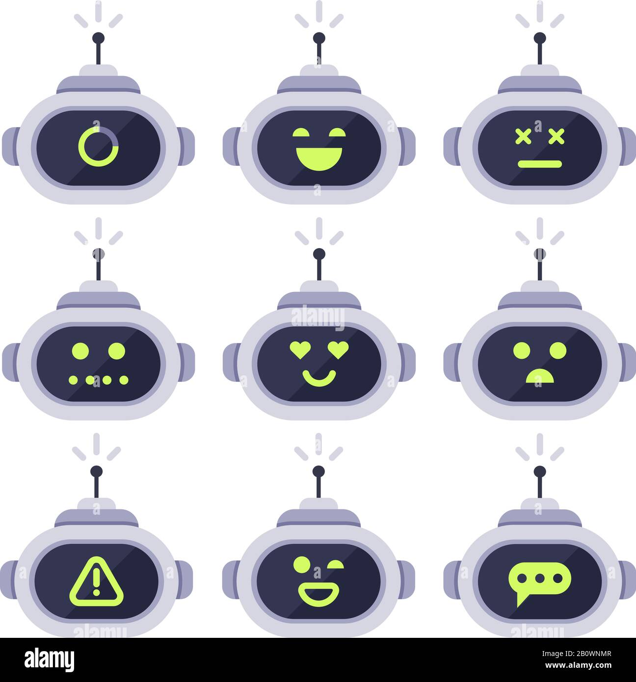 Avatar Chatbot. Robots de chat informatiques, expressions faciales de robot android et tête de cyborg robotique. Ensemble d'icônes de logo robots ou de vecteur de bot Illustration de Vecteur