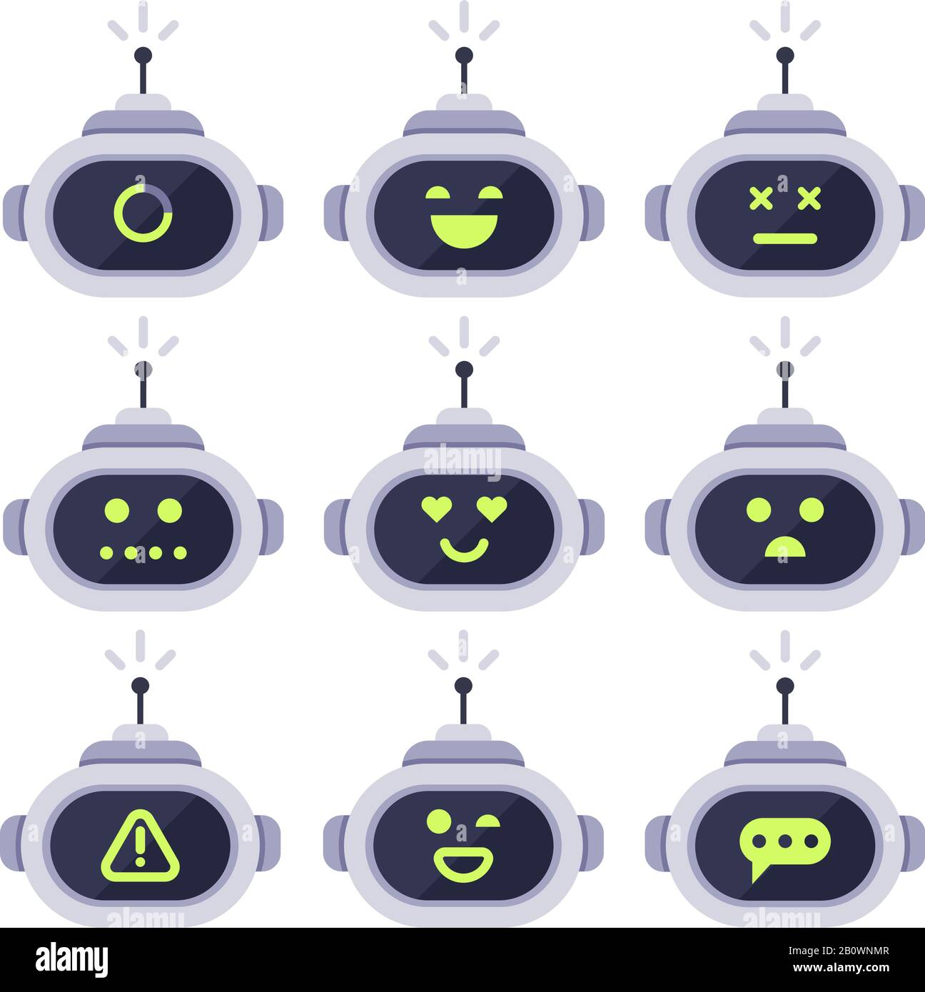 Avatar Chatbot. Robots de chat informatiques, expressions faciales de robot android et tête de cyborg robotique. Ensemble d'icônes de logo robots ou de vecteur de bot Illustration de Vecteur Avatar Chatbot. Robots de chat informatiques, expressions faciales de robot android et tête de cyborg robotique. Ensemble d'icônes de logo robots ou de vecteur de bot Illustration de Vecteur