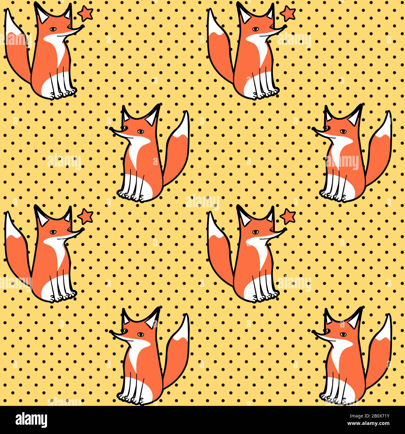 Joli motif sans couture avec un renard à dessin animé sur fond jaune en pointillés Illustration de Vecteur