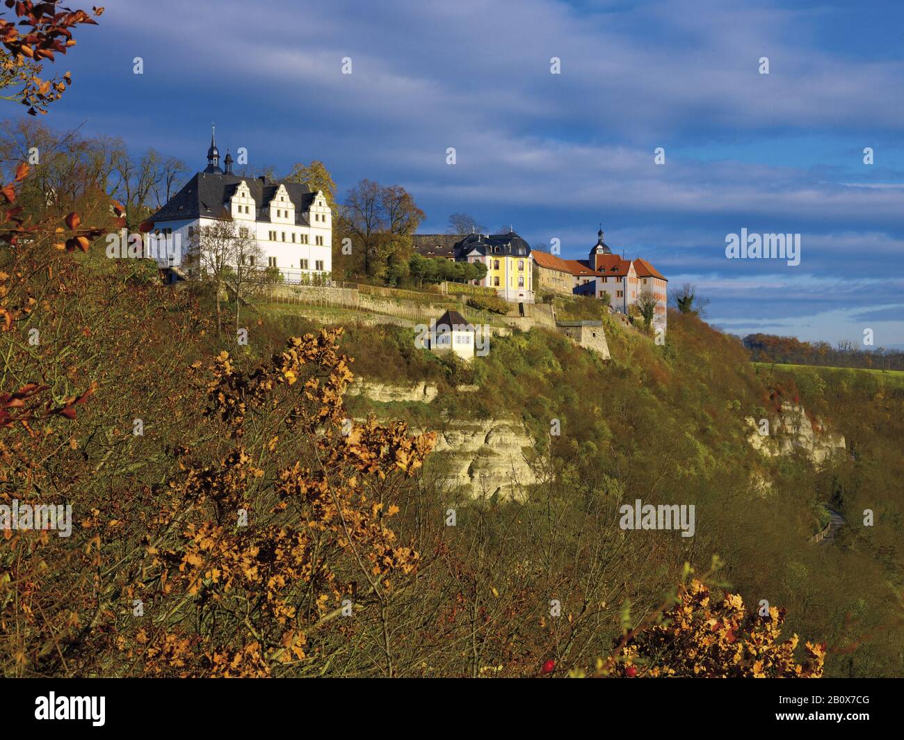 Vue sur les châteaux de Dornburg avec vignoble en automne, Dornburg, Thuringe, Allemagne, Banque D'Images