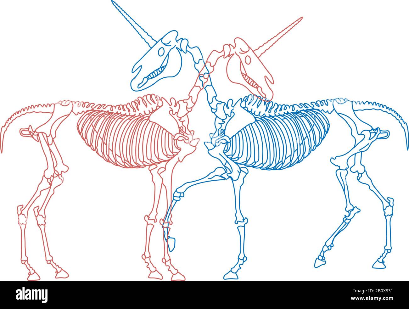 Art linéaire avec quelques squelettes unicorn enhugents : rouge et bleu Illustration de Vecteur