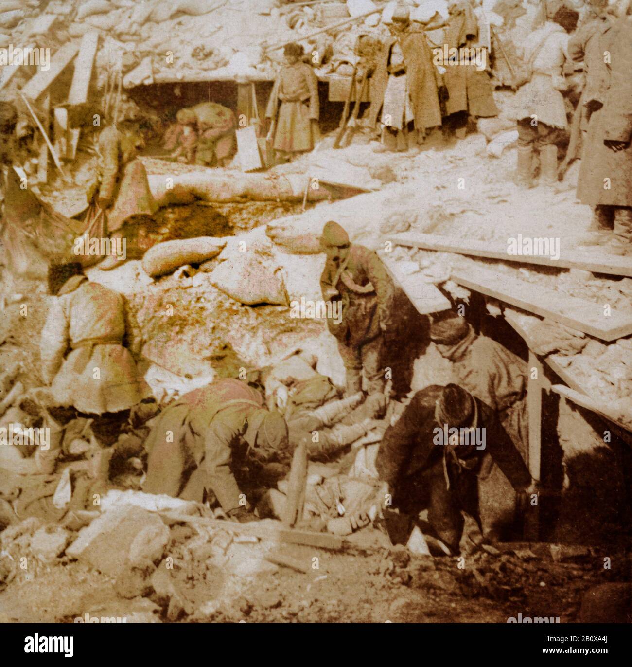 Les soldats japonais sont enterrés en défendant les troupes russes dans la guerre de Boer, Port Arthur, Afrique du Sud, 1905 Banque D'Images