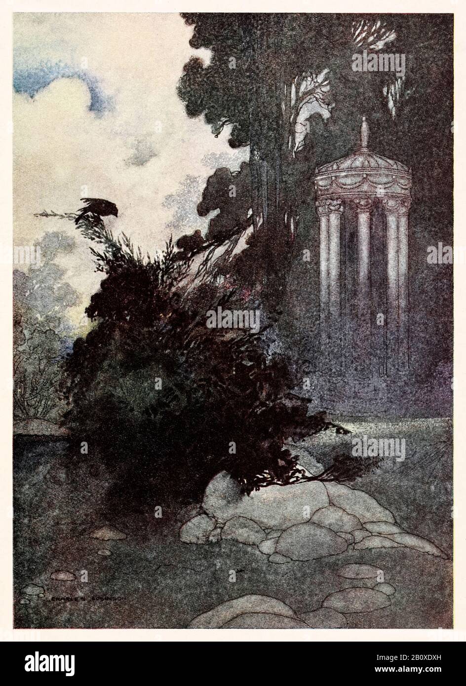 "Le linnet vert" de "L'ami Dévoué" dans Le Prince Heureux et D'Autres Tales d'Oscar Wilde (1854-1900) illustré par Charles Robinson (1870-1937). Voir plus d'informations ci-dessous. Banque D'Images