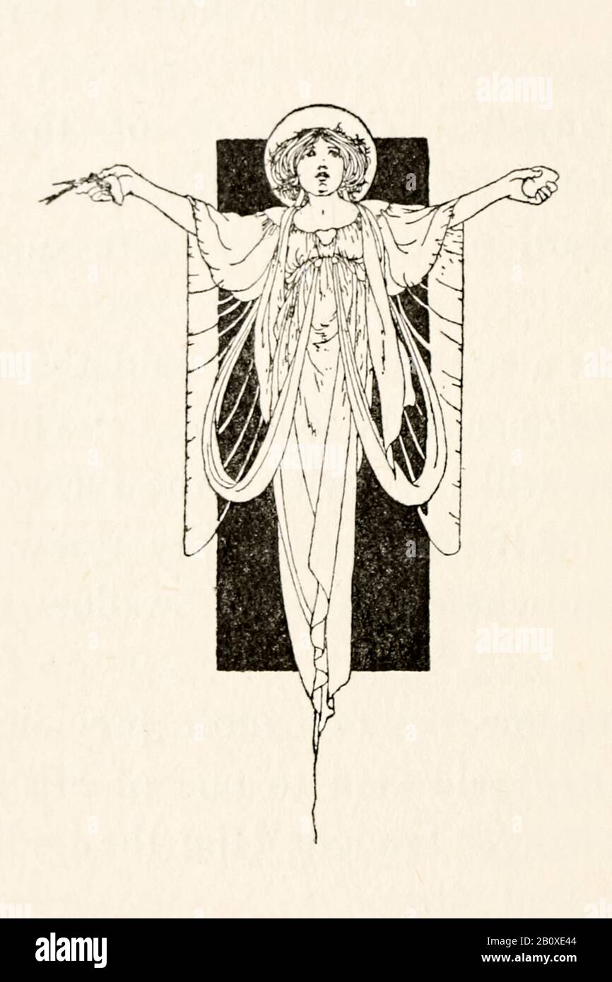 Illustration de la fin du chapitre montrant un Ange tenant un coeur de plomb et un oiseau mort du Prince Heureux et D'Autres Tales par Oscar Wilde (1854-1900) illustré par Charles Robinson (1870-1937). Voir plus d'informations ci-dessous. Banque D'Images