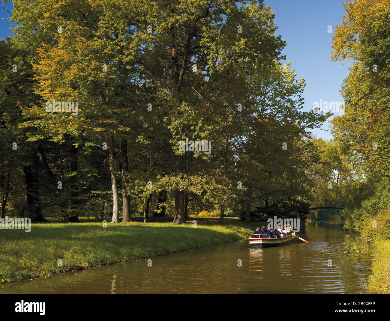 Excursion en bateau avec vue sur le pont Agnes dans le parc Wörlitz, Wörlitz, Saxe-Anhalt, Allemagne, Banque D'Images