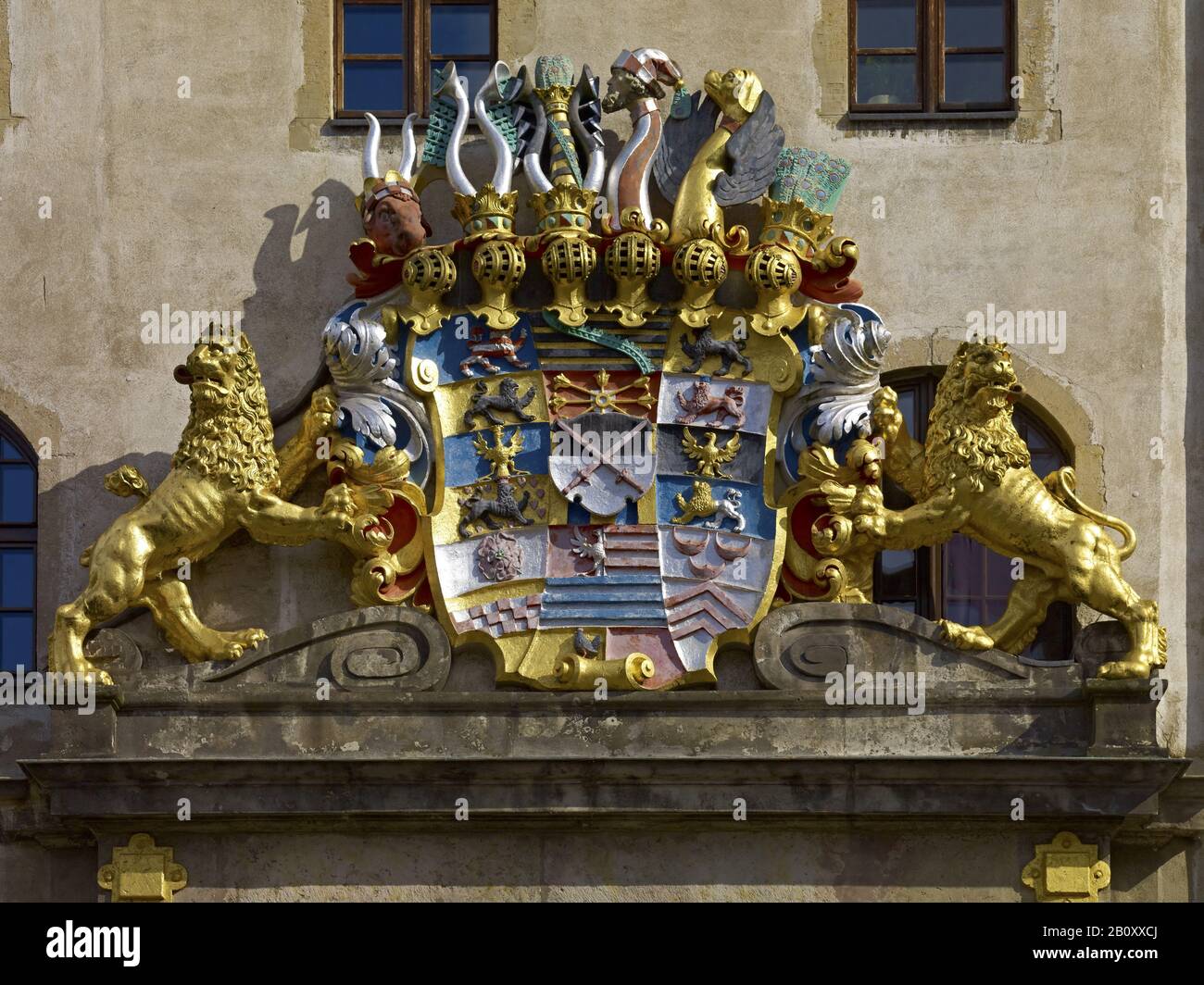 Armoiries à l'entrée du château de Hartenfels, Torgau, Saxe, Allemagne, Banque D'Images