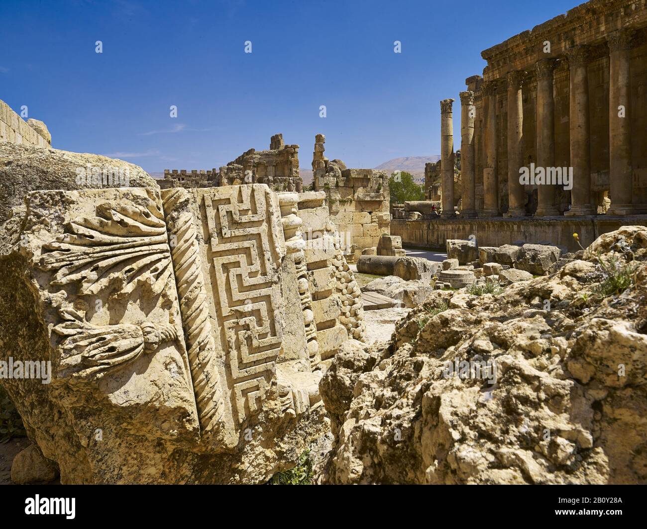 Détail avec le temple de Bacchus dans l'ancienne ville de Baalbek, Liban, Banque D'Images