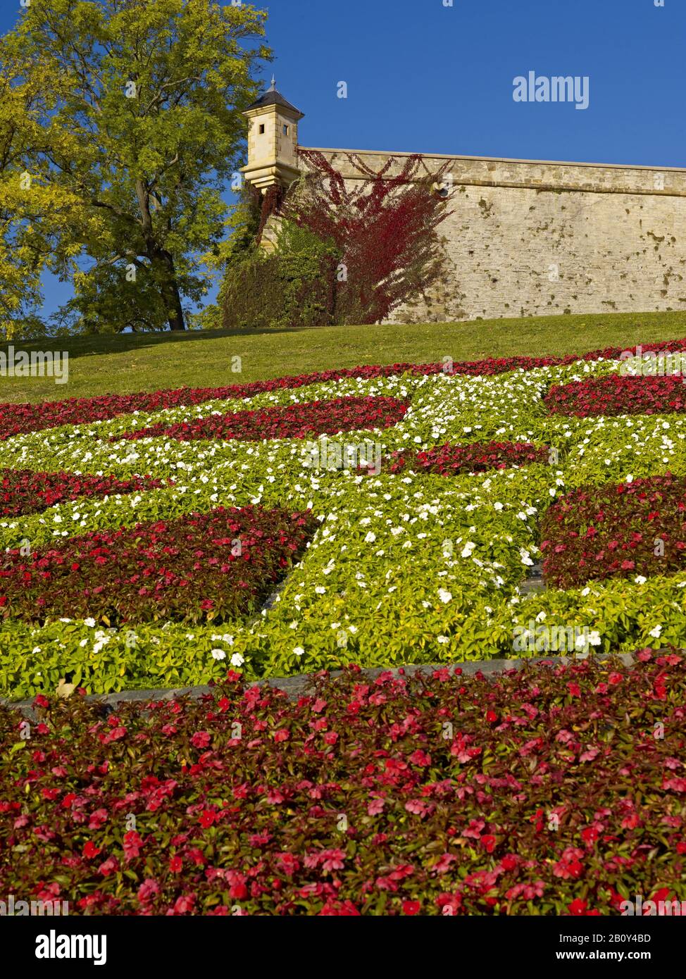 Flowerbed avec les bras de la ville Erfurt roue à Petersberg à Erfurt, Thuringe, Allemagne, Banque D'Images