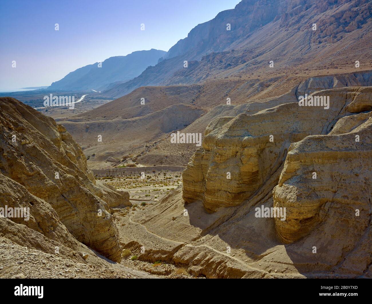 Paysage à Qumran au bord de la mer Morte, Israël, Moyen-Orient, Banque D'Images