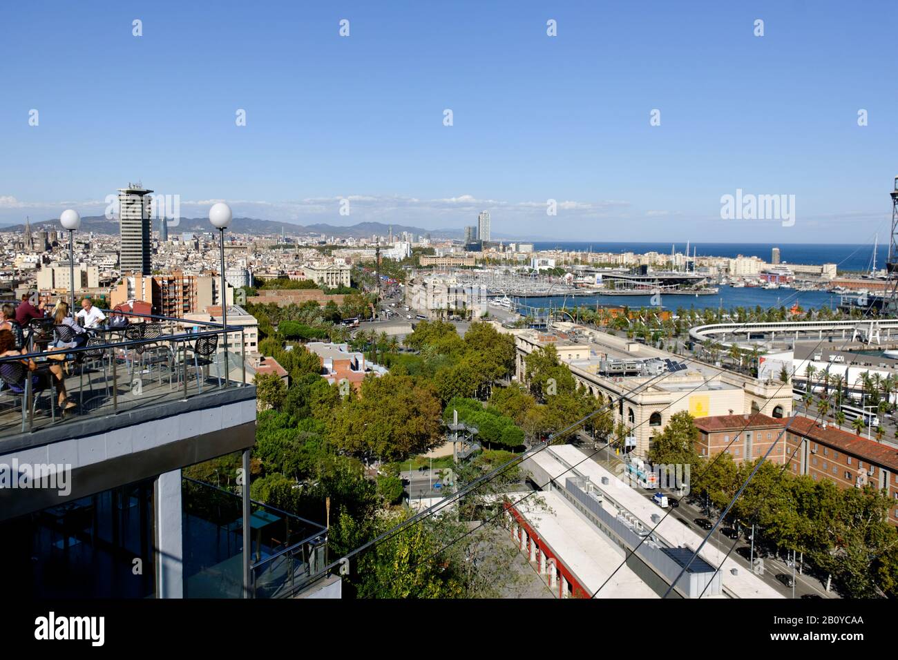 Vue aérienne, Rambla de Mar, Port Vell, port, Barcelone, Espagne, Banque D'Images