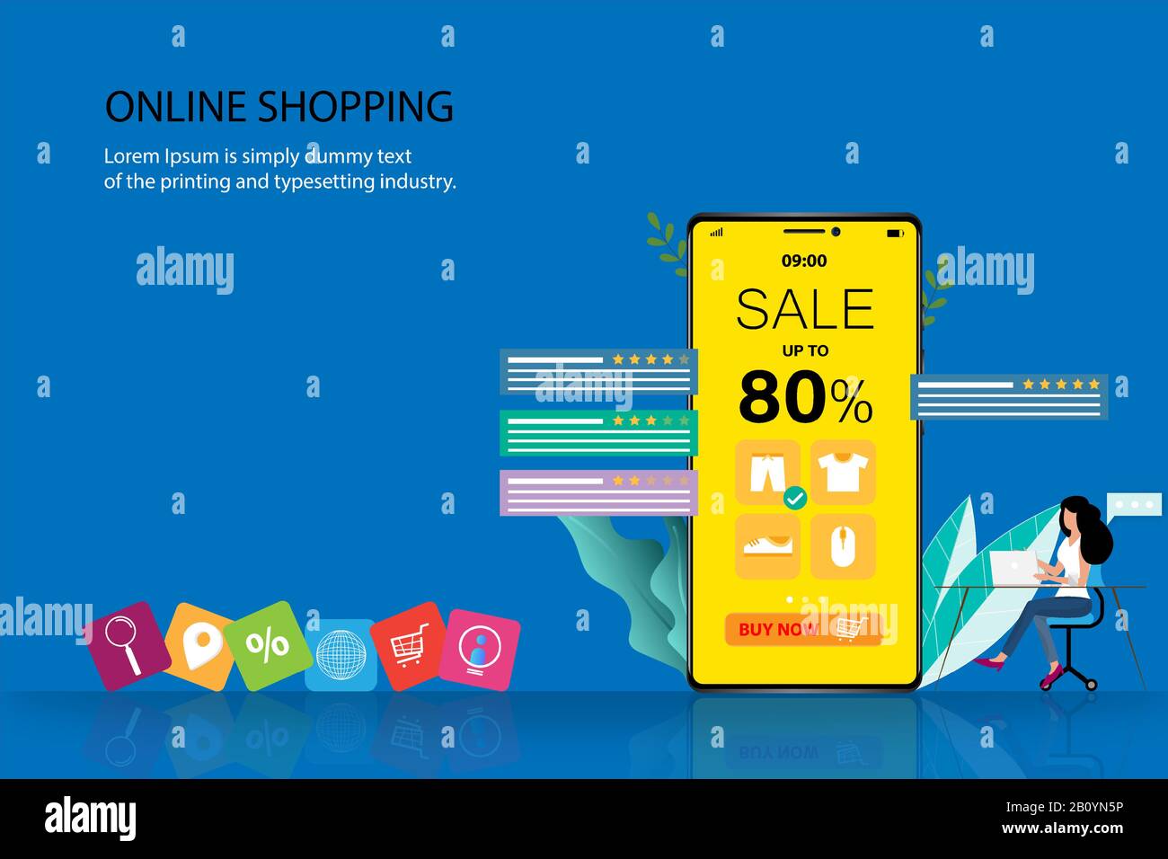 Concept d'affaires des achats en ligne, une femme recherche sur son ordinateur portable pour trouver un nouveau pantalon et s'asseoir près d'un grand smartphone qui contient un taux de réduction. Illustration de Vecteur
