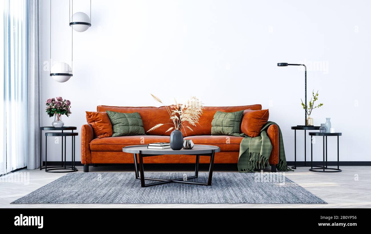 Design intérieur moderne d'un salon à l'intérieur appartement, maison, bureau, canapé orange vif, des fleurs fraîches et un intérieur moderne de détails sur un mur blanc Banque D'Images