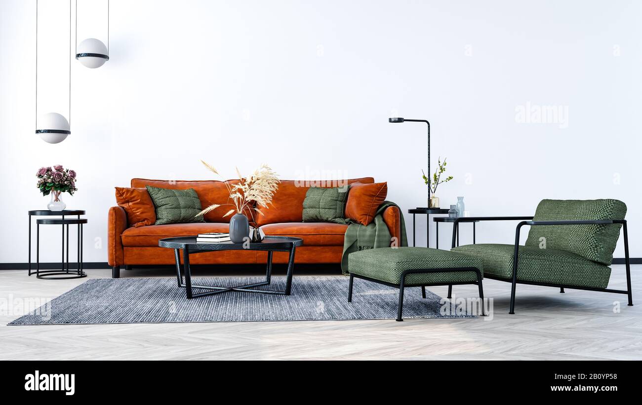 Design intérieur moderne d'un salon à l'intérieur appartement, maison, bureau, canapé orange vif, des fleurs fraîches et un intérieur moderne de détails sur un mur blanc Banque D'Images