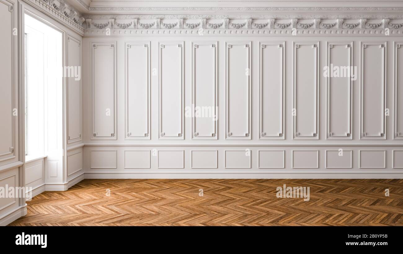 Design moderne. Chambre lumineuse vide de style classique avec espace de copie. Fond décoratif Banque D'Images