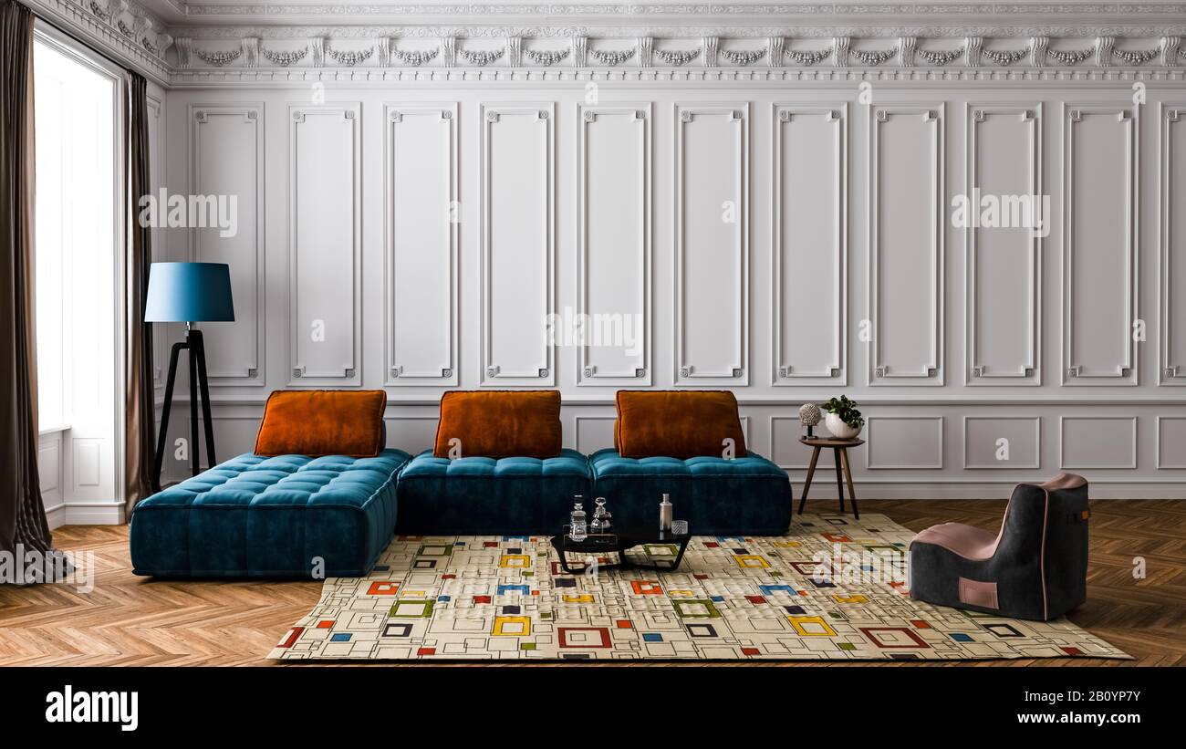Décoration intérieure moderne d'un salon, appartement, maison, bureau, oreillers orange vif sur un canapé bleu, fleurs fraîches et détails intérieurs modernes sur un Banque D'Images