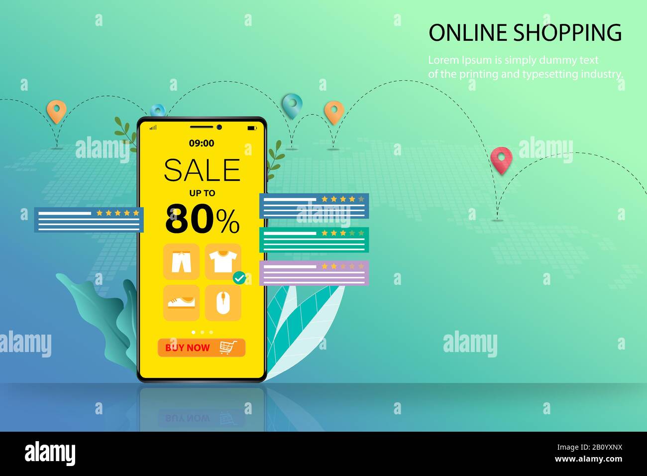 Le concept commercial de l'achat en ligne, de l'affichage du smartphone offre jusqu'à 80 % de remise, de la liste des produits, de la notation des clients et de l'évaluation. Illustration de Vecteur