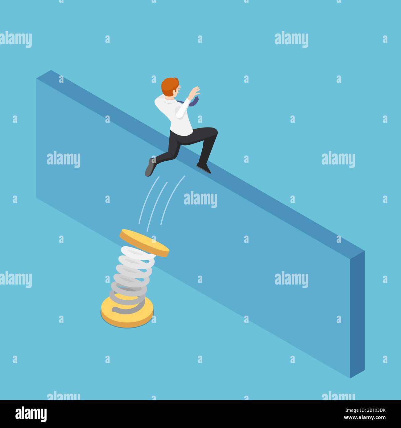 Un homme d'affaires isométrique en relief plat utilise le ressort pour sauter au-dessus du mur. Solution commerciale et concept d'obstacle surmonté. Illustration de Vecteur