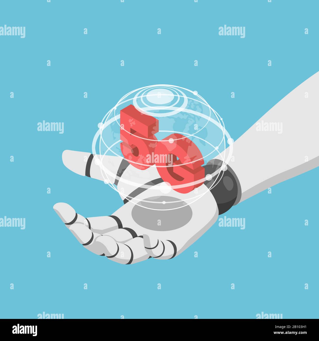 Robot d'intelligence artificielle ai isométrique à plat en relief tenant la main du wolrd virtuel et de l'icône 5 g. Systèmes sans fil de réseau 5 G et Internet IoT de la conce de chose Illustration de Vecteur