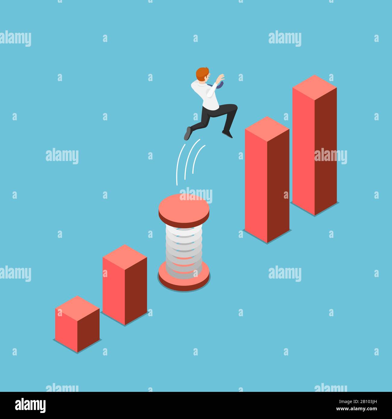 Un homme d'affaires isométrique en relief plat utilise un ressort pour franchir l'écart entre le graphique à barres et le point le plus aiguisométrique. Solution commerciale et concept financier. Illustration de Vecteur