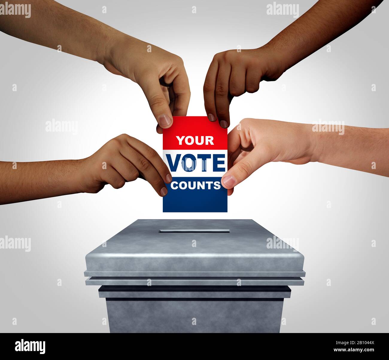 Votre vote compte comme des mains diverses qui jetteront un bulletin de vote dans un bureau de vote comme un concept électoral et démocratie ou diversité en démocratie . Banque D'Images