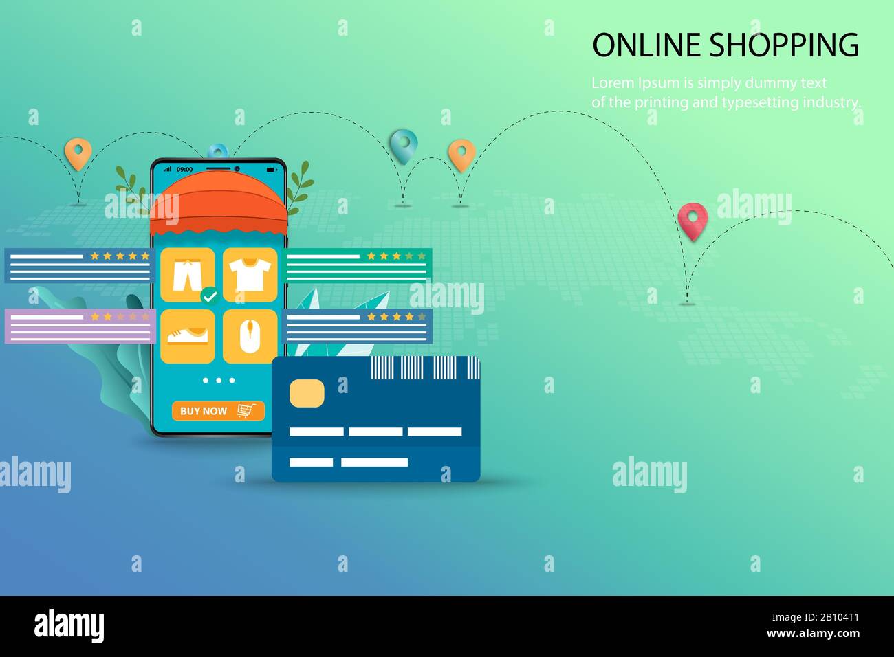 Concept d'achat en ligne, l'affichage du smartphone contient jusqu'à 80 % de remise, la liste des produits, la notation des clients et la revue. Carte de crédit à l'avant. Illustration de Vecteur