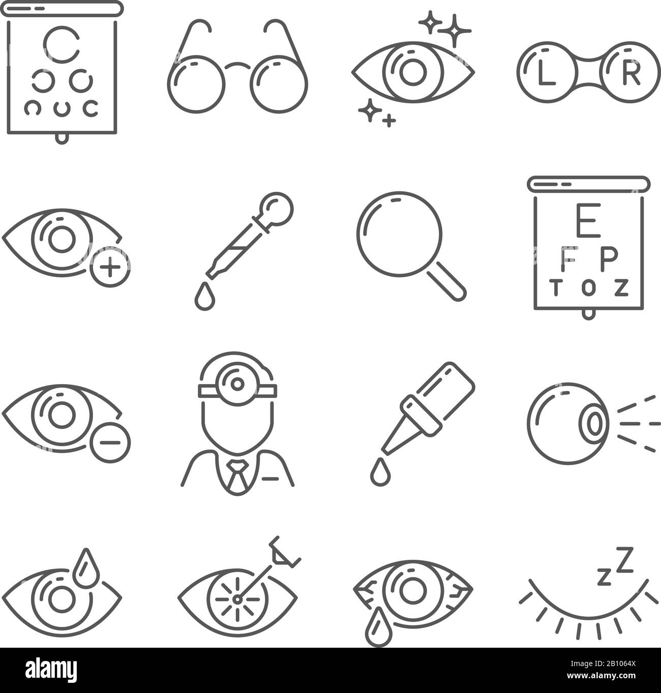 Outils d'optométrie pour la santé des yeux et des oculistes. Chirurgie oculaire au laser médical, pipette, globe oculaire, lentilles ophtalmiques ou lunettes, icônes de ligne définies Illustration de Vecteur